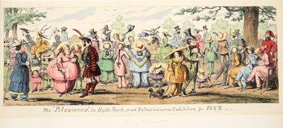 The Bloomers i Hyde Park eller en ekstraordinær utstilling for 1852, pub. 1852 (håndfarget gravering) av George Cruikshank