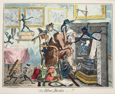The Blue Devils, pub. 1835 (håndfarget gravering) av George Cruikshank