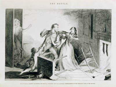 Flasken, Plate VI, Fryktelige krangel og brutal vold er de naturlige konsekvensene av hyppig bruk av flasken, 1847 av George Cruikshank