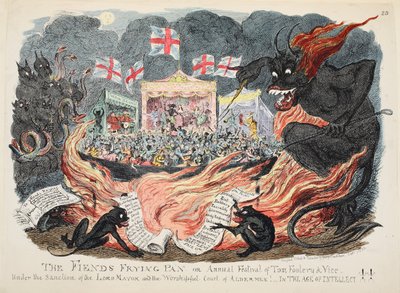 The Fiends Frying Pan eller Annual Festival of Tom Foolery & Vice, pub. 1832 (håndfarget gravering) av George Cruikshank
