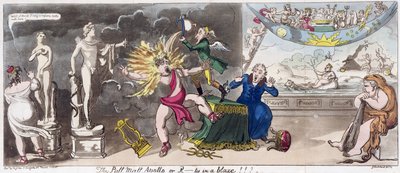 The Pall Mall Apollo eller, R...ty i en flamme!!! 1816 (farget gravering) av George Cruikshank