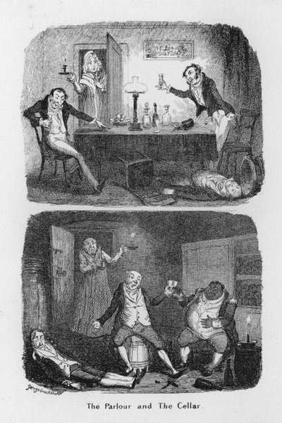 Salongen og kjelleren (gravering) av George Cruikshank