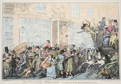 The Piccadily Nuisance, pub. 1936 (håndfarget gravering) av George Cruikshank