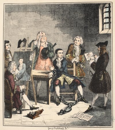 The Portrait, illustrasjon fra Jack Sheppard: A Romance av William Harrison Ainsworth, utgitt 1839 (håndfarget etsning) av George Cruikshank