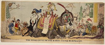The Rehearsal or the Baron and the Elephant, satirisk trykk på Kembles forseggjorte produksjoner på Covent Garden Theatre som involverer dyr av George Cruikshank