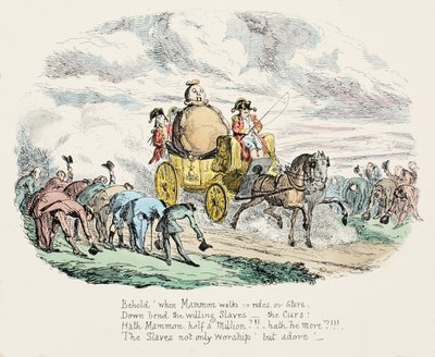The Worship of Wealth, pub. 1834 (håndfarget gravering) av George Cruikshank