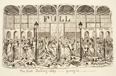 Den første Shilling-dagen - Går inn, pub. 1851 (gravering) av George Cruikshank