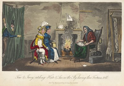 Tom og Jerry fanger Kate og Sue på lur, med formuen deres fortalt, "Life in London, etc.", av Pierce Egan av George Cruikshank