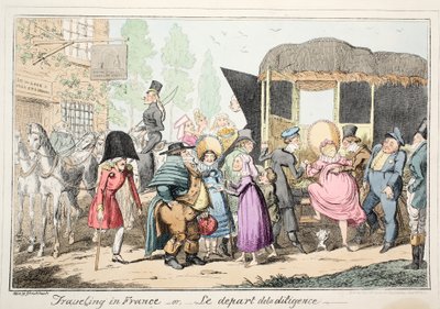 Reiser i Frankrike eller Le Depart de la Diligence, pub. 1835 (håndfarget etsning) av George Cruikshank