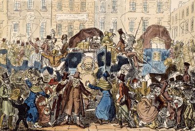Reiser i England, eller et pip fra den hvite hestekjelleren, 1819 (håndfarget etsning) av George Cruikshank
