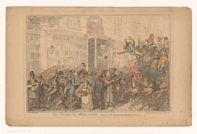 Verkeerschaos utenfor hotellet Old White Horse Cellar i Piccadilly The Piccadilly Nuisance! Dedikert til de verdige, fungerende sorenskriverne i distriktet (tittel på objekt) av George Cruikshank