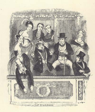 Viktorianske teatergjengere hoper seg inn i en boks på et teater i London (gravering) av George Cruikshank