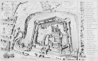Utsikt over Tower of London i 1553 (gravering) av George Cruikshank
