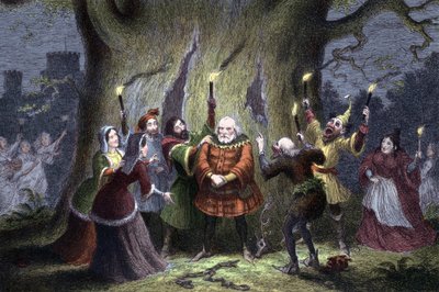 William Shakespeare The Merry Wives of Windsor, skuespill første gang fremført i 1597 eller 1600. Falstaff, etter å ha beholdt sitt antatte oppdrag med i Windsor Forest Mistress Ford som Herne the Hunter og blitt klemt og slått av 
