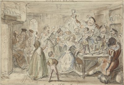 Xit, nå Sir Narcissus Le Grand, underholder vennene sine på bryllupsdagen av George Cruikshank
