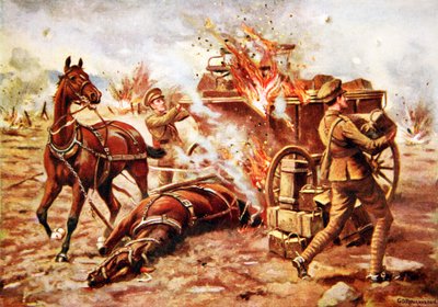 Fungerende Bombardier H.A. Creasey hjelper til med å losse en brennende ammunisjonsvogn under veldig kraftig granatild av George Derville Rowlandson