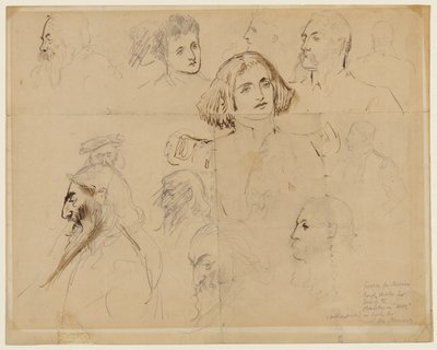 Grov skisse for noen av karakterene i Trilby, inkludert Trilby og Svengali (blyant, penn og blekk på papir) av George du Maurier