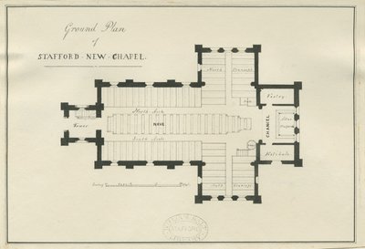 Stafford - Grunnplan for Christ Church: penn- og blekktegning, nd [c 1838] (tegning) av George E. Hamilton