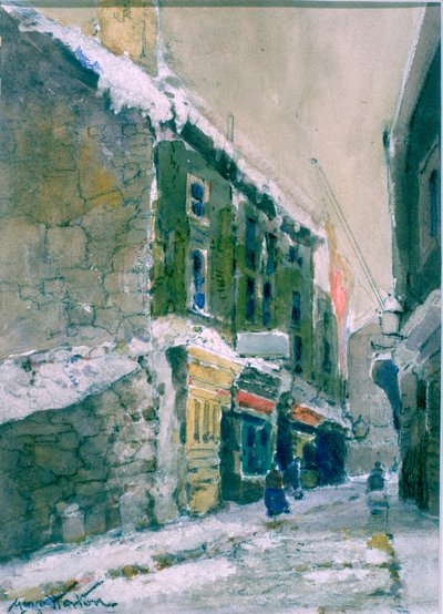 Winter, Clive Street, North Shields (kull og akvarell på papir limt på kort) av George Edward Horton