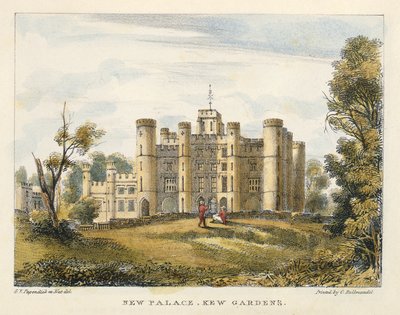 New Palace, Kew Gardens, plate 1 fra Kew Gardens: A Series of Twenty-Four Drawings on Stone, gravert av Charles Hullmandel (1789-1850) utgitt 1820 (håndkolorert litho) av George Ernest after Papendiek