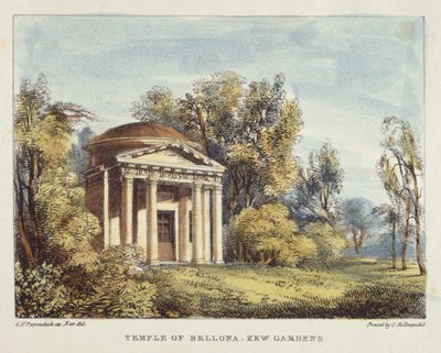 Temple of Bellona, Kew Gardens, plate 24 fra Kew Gardens: A Series of Twenty-Four Drawings on Stone, gravert av Charles Hullmandel (1789-1850) utgitt 1820 (håndfarget lito) av George Ernest after Papendiek