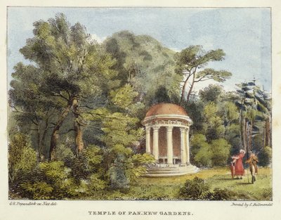 Temple of Pan, Kew Gardens, plate 12 fra Kew Gardens: A Series of Twenty-Four Drawings on Stone, gravert av Charles Hullmandel (1789-1850) utgitt 1820 (håndfarget lito) av George Ernest after Papendiek