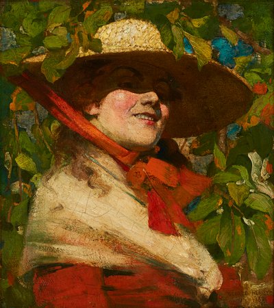 Jente med stråhatt (olje på lerret) av George F. Henry