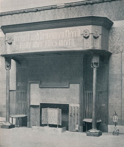 Peis designet av C. Harrison Townsend med utskjæring designet og utført av George Frampton, Kunstnere: George Frampton, Charles Harrison Townsend. av Charles Harrison Townsend