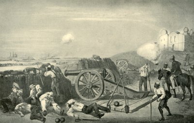 En tung dag i batteriene før Delhi, 1857, 1901. av George Francklin Atkinson