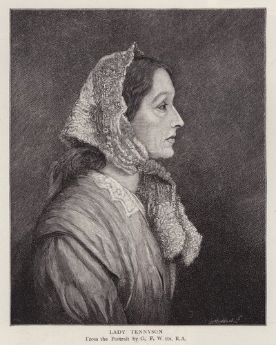 Portrett av Emily Tennyson, Lady Tennyson, kone til den engelske poetprisvinneren Alfred, Lord Tennyson (litho) av George Frederick (after) Watts