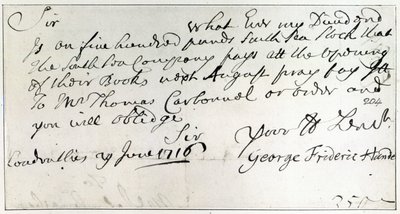 Brev skrevet av Handel, juni 1716 av George Frederick Handel