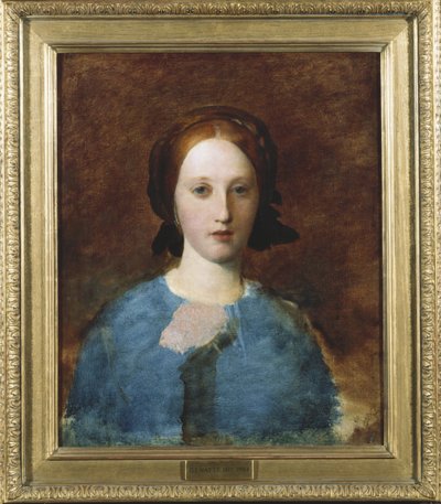 Portrett av fru Prescott Decie, bystelengde, i blå kjole - en skisse av George Frederick Watts