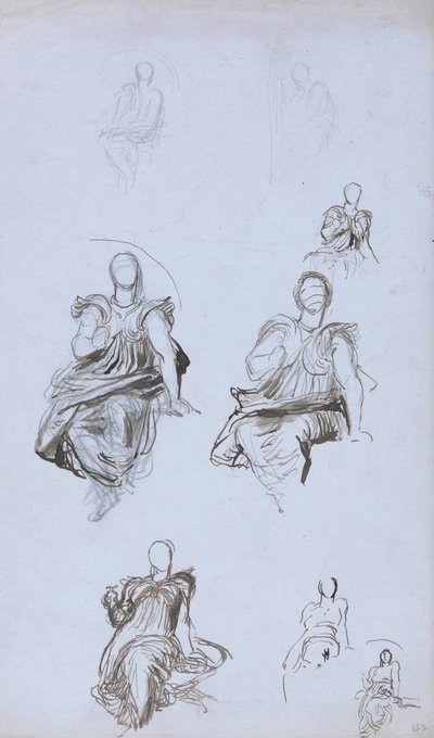 Studier av en sittende figur med en bok (penn & brunt blekk og grafitt på blått papir) av George Frederick Watts