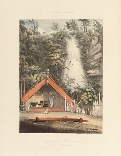 House of Hiwikau, Mother of the Heuneu og Falls of Ko Waihi, ved Te Rapa, plate 21 fra "The New Zealanders Illustrated", 1847 av George French Angas