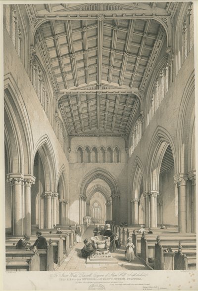 Stafford - Interiør av St. Mary's Church: tonet litografi, nd [c 1841] av George Gilbert Scott
