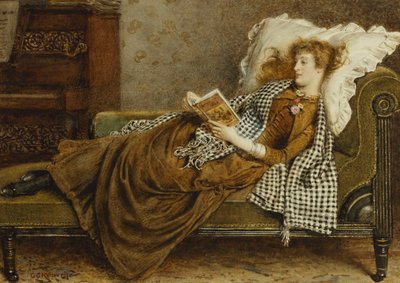 En ung dame som leser i et interiør, av George Goodwin Kilburne