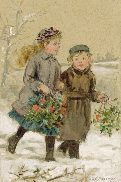 Barn som leker i snøen - samler kristtorn (wc forhøyet med hvitt på papir) (se 224240 for par) av George Goodwin Kilburne