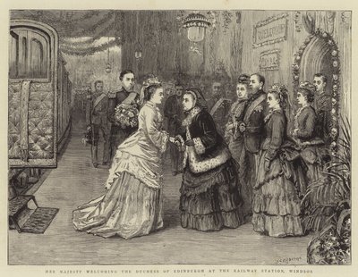 Hennes Majestet ønsker hertuginnen av Edinburgh velkommen på jernbanestasjonen, Windsor av George Goodwin Kilburne