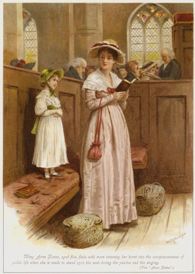 Mary Anne Evans, fem år gammel, føler med mer intensitet at hun bryter inn i det offentlige livets bevissthet når hun blir tvunget til å stå på setet under salmene og sangen av George Goodwin Kilburne