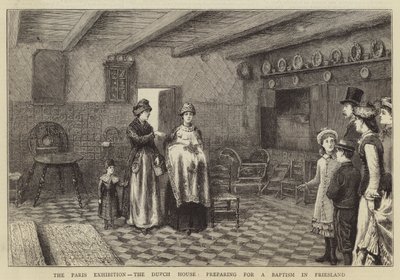 Paris-utstillingen, det nederlandske huset, forbereder seg til en dåp i Friesland av George Goodwin Kilburne
