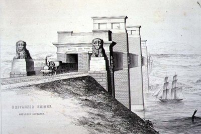Britannia Bridge, Anglesey Entrance, gravert av kunstneren, pub. 1849 (litho) (for farge se 122445) av George Hawkins