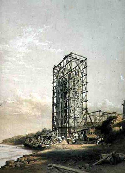 Britannia Bridge, Caernarvon Tower, september 1848, pub. i 1849 (litho) av George Hawkins