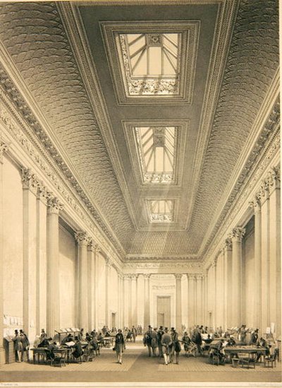 Interiør i Hall of Commerce, Threadneedle Street, London, ca. 1850 (litho) av George Hawkins