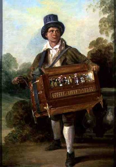 Hurdy Gurdy Player (olje på panel) av George Hayter