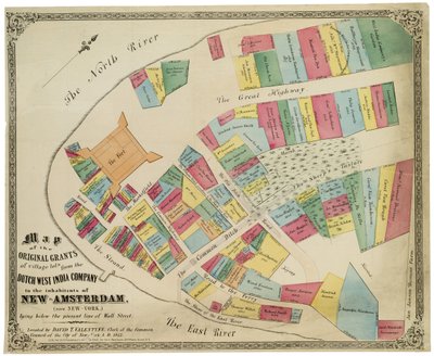 Kart over de opprinnelige tilskuddene til landsbytomter fra det nederlandske vestindiske kompaniet til innbyggerne i New-Amsterdam (nå New-York) som ligger under den nåværende linjen til Wall Street, 1857 (svart blekk, med farge av George Hayward