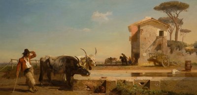 Storfe på et drikkested i Campagna, Roma, 1854. av George Heming Mason