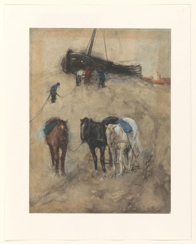Hester på stranden, i bakgrunnen en lekter og fiskere av George Hendrik Breitner