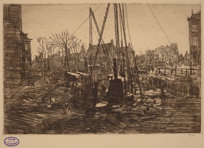 Scene i en nederlandsk by med pelhammer i forgrunnen av George Hendrik Breitner
