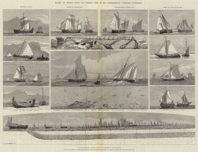 Modeller av fiskebåter og fiskeutstyr i den internasjonale fiskeriutstillingen av George Henry Andrews