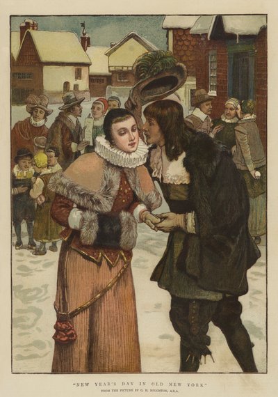 nyttårsdag i gamle New York (chromolitho) av George Henry Boughton